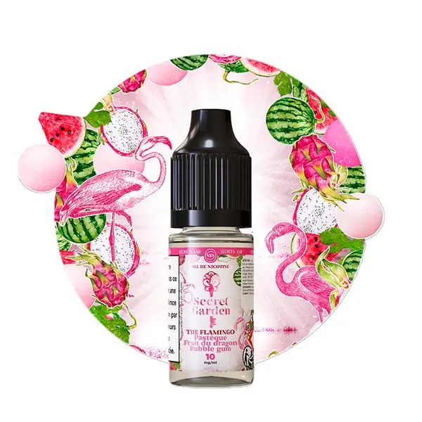 E-liquide Pastèque, Fruit du Dragon & Bubble Gum – The Flamingo Salt 10 ml – Secret Garden / Secret’s Lab